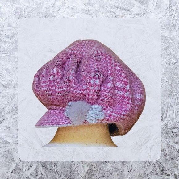 Raspberry & Grey Knit Herringbone Baker Boy Hat accent on side sparkles in Front - Picture 5 of 11